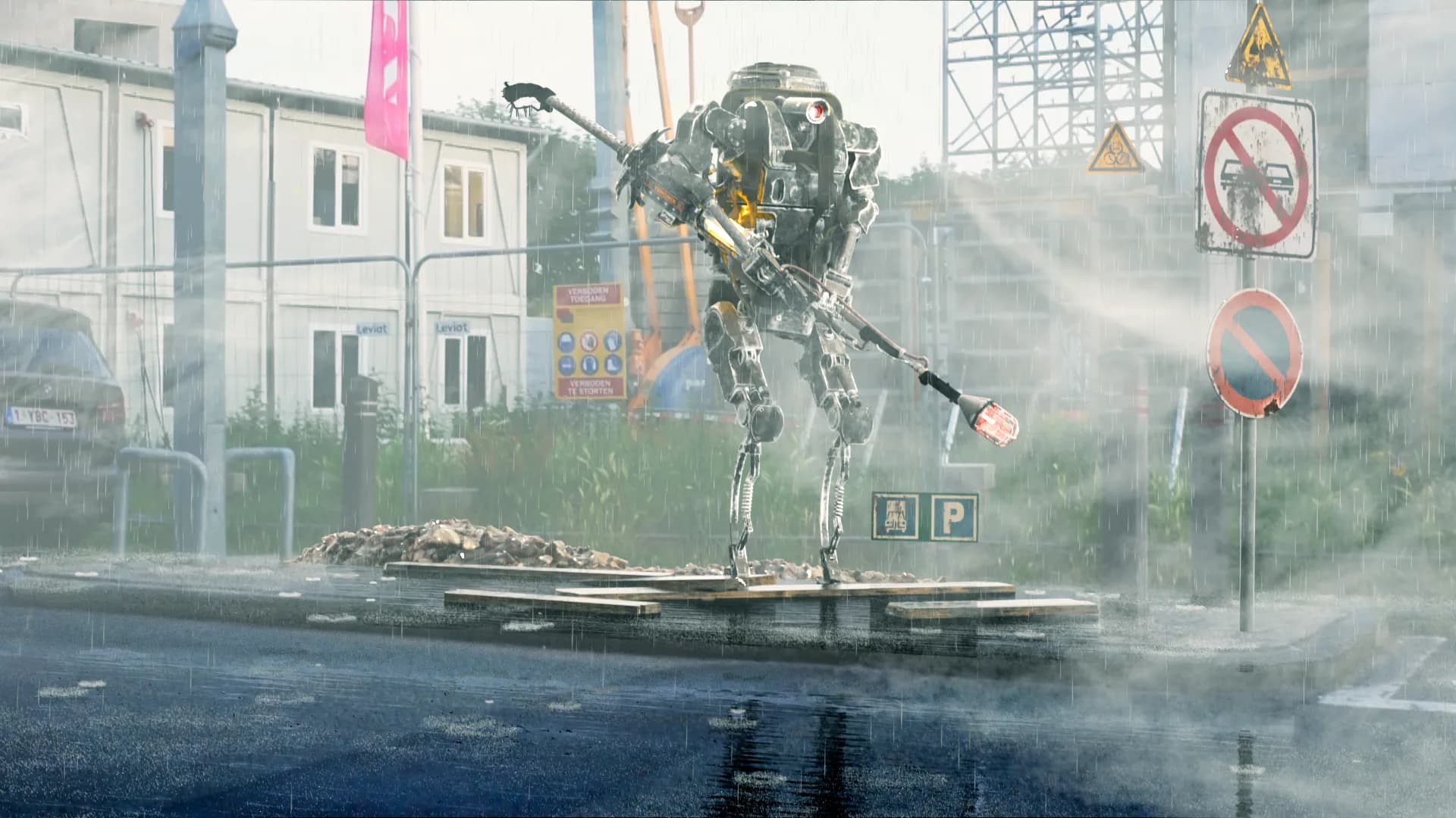 Le mecha de RATATONY intégré sur une plate réelle, rue de Bruxelles sous la pluie